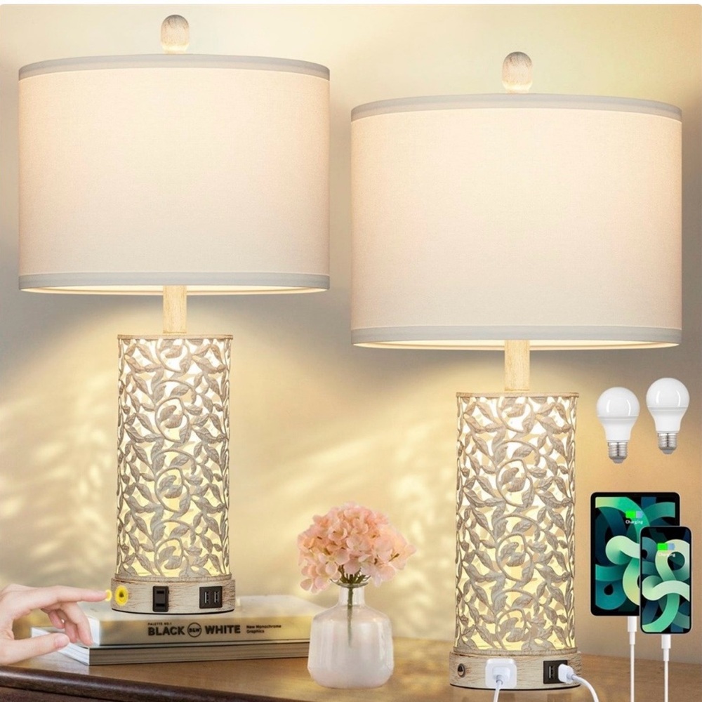 Elegant Cream Table Lamp Set with USB Ports